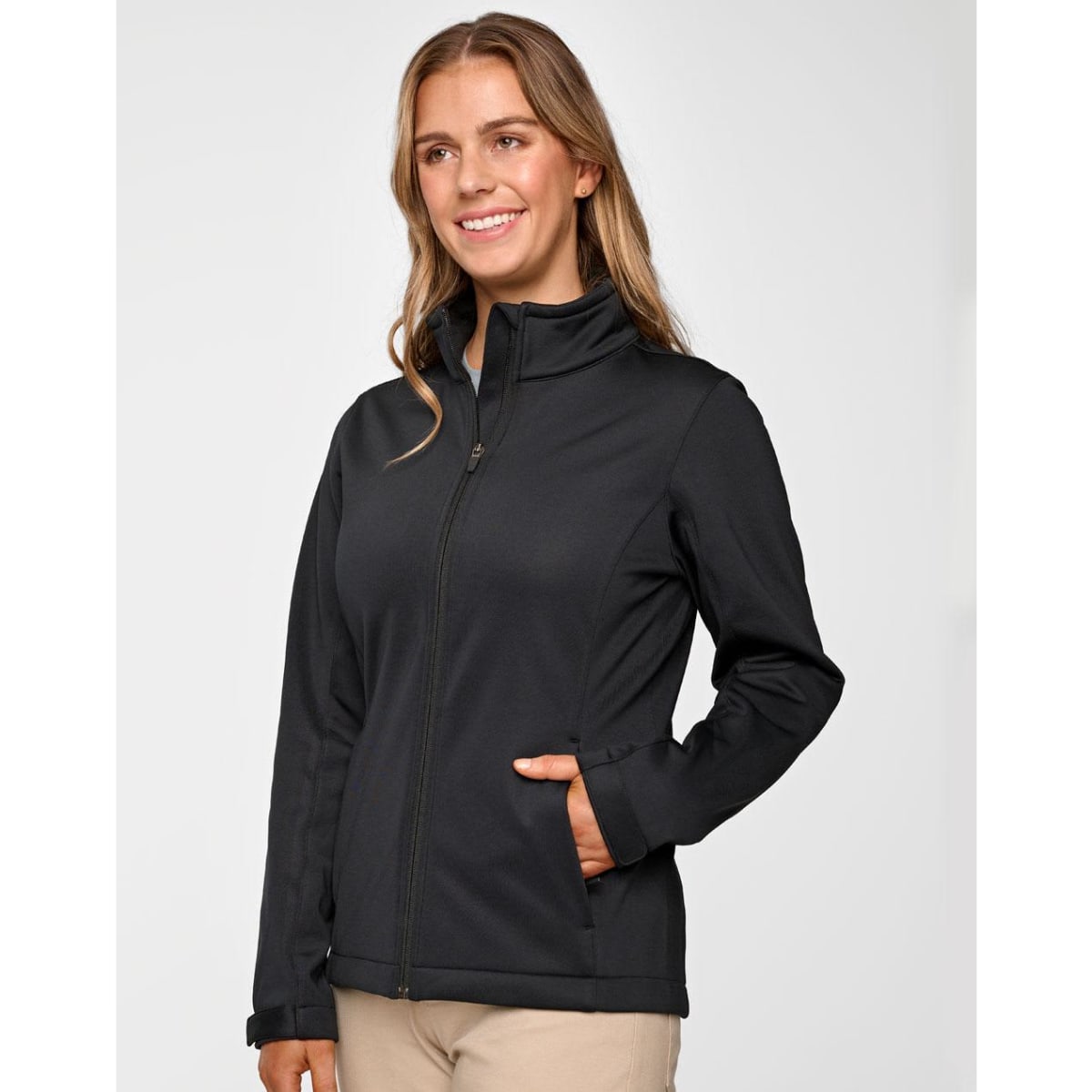 A black ladies' sustainable softshell corporate jacket with a zip front and side pockets, featuring a logo.