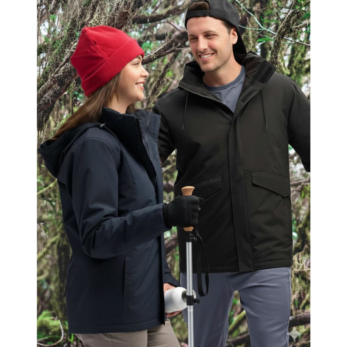 A unisex quilted waterproof jacket in navy and black, displayed by a man and woman in a forest setting.