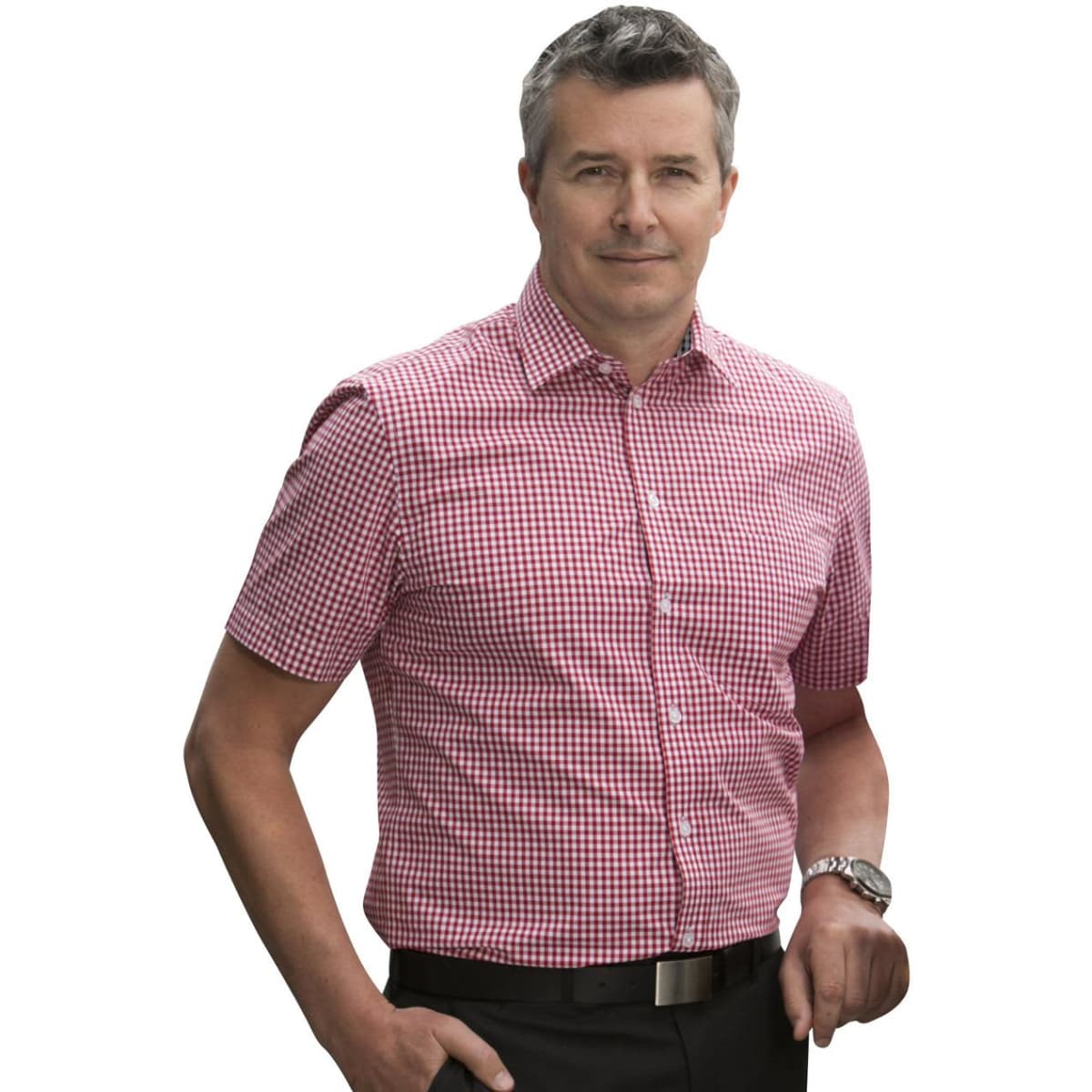 A short-sleeved men's button-up shirt in red and white gingham check, featuring a logo.