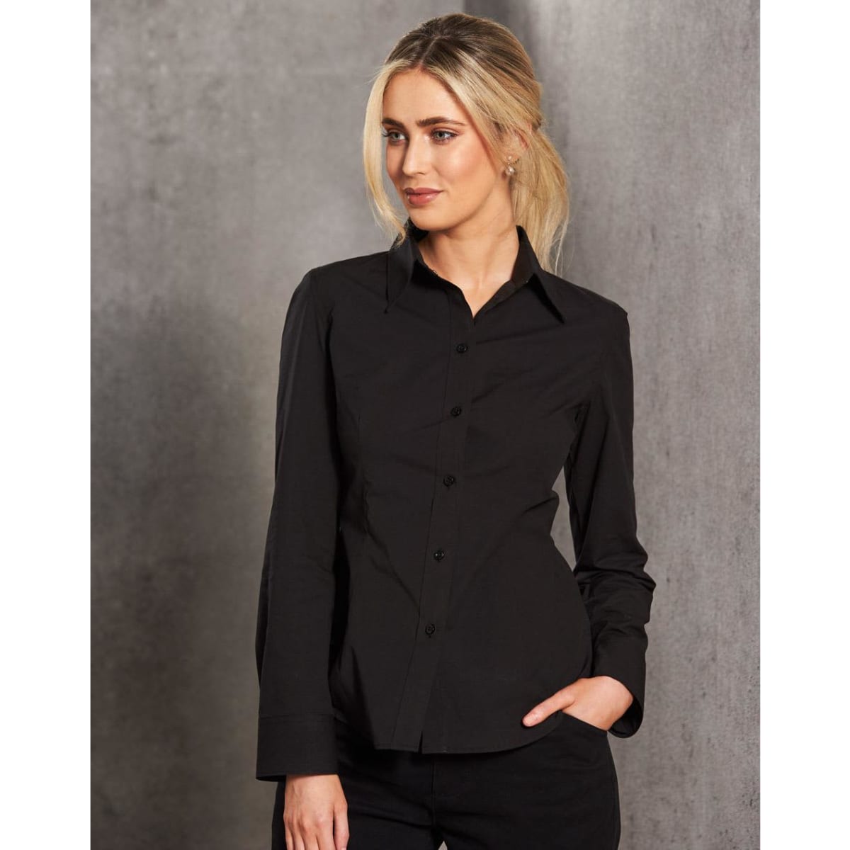 A black women's cotton/poly stretch long sleeve button-up shirt with a fitted design and a collar.