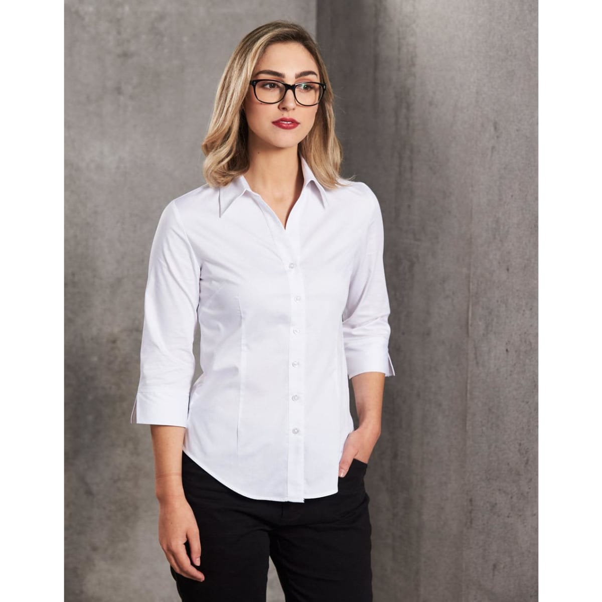 A white women's fine twill 3/4 sleeve button-up shirt, featuring a collar and fitted design.