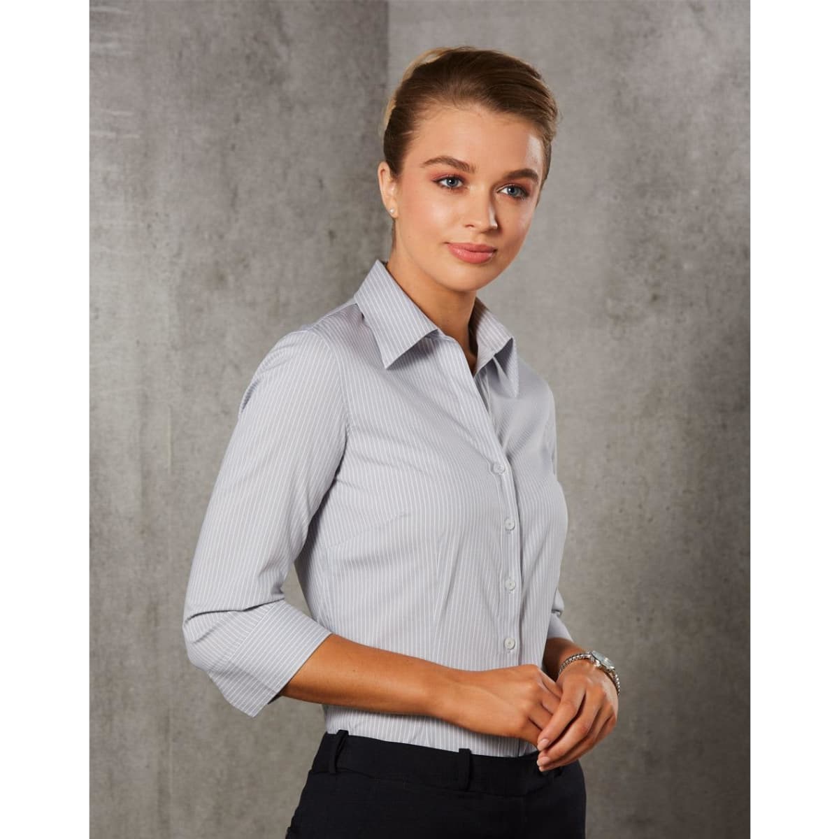 A button-up shirt with a ticking stripe pattern, featuring three-quarter sleeves in grey and white.