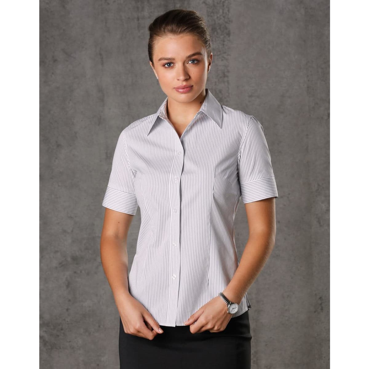 A women's short-sleeve button-up shirt in white with blue ticking stripes, featuring a collared neckline and fitted design.