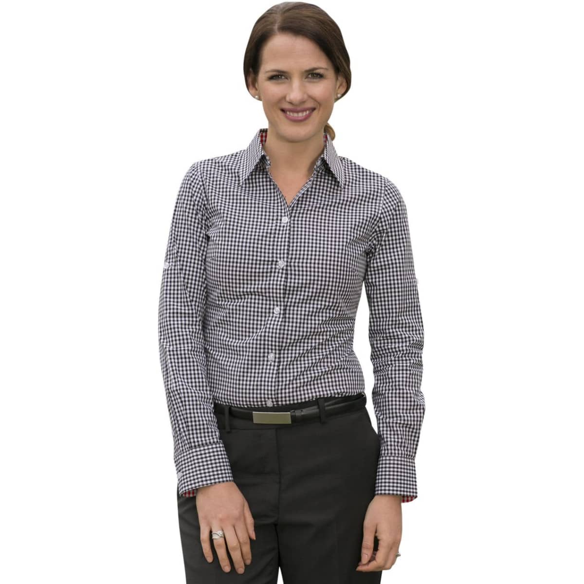A women's long-sleeve button-up shirt in black and white gingham check pattern, featuring a logo.