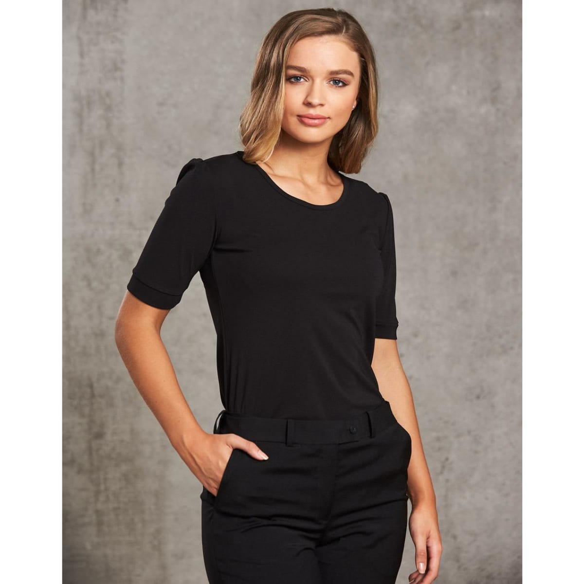 A black Women's Scoop Neck T-Top with short sleeves, featuring a fitted design and subtle puffed sleeves.