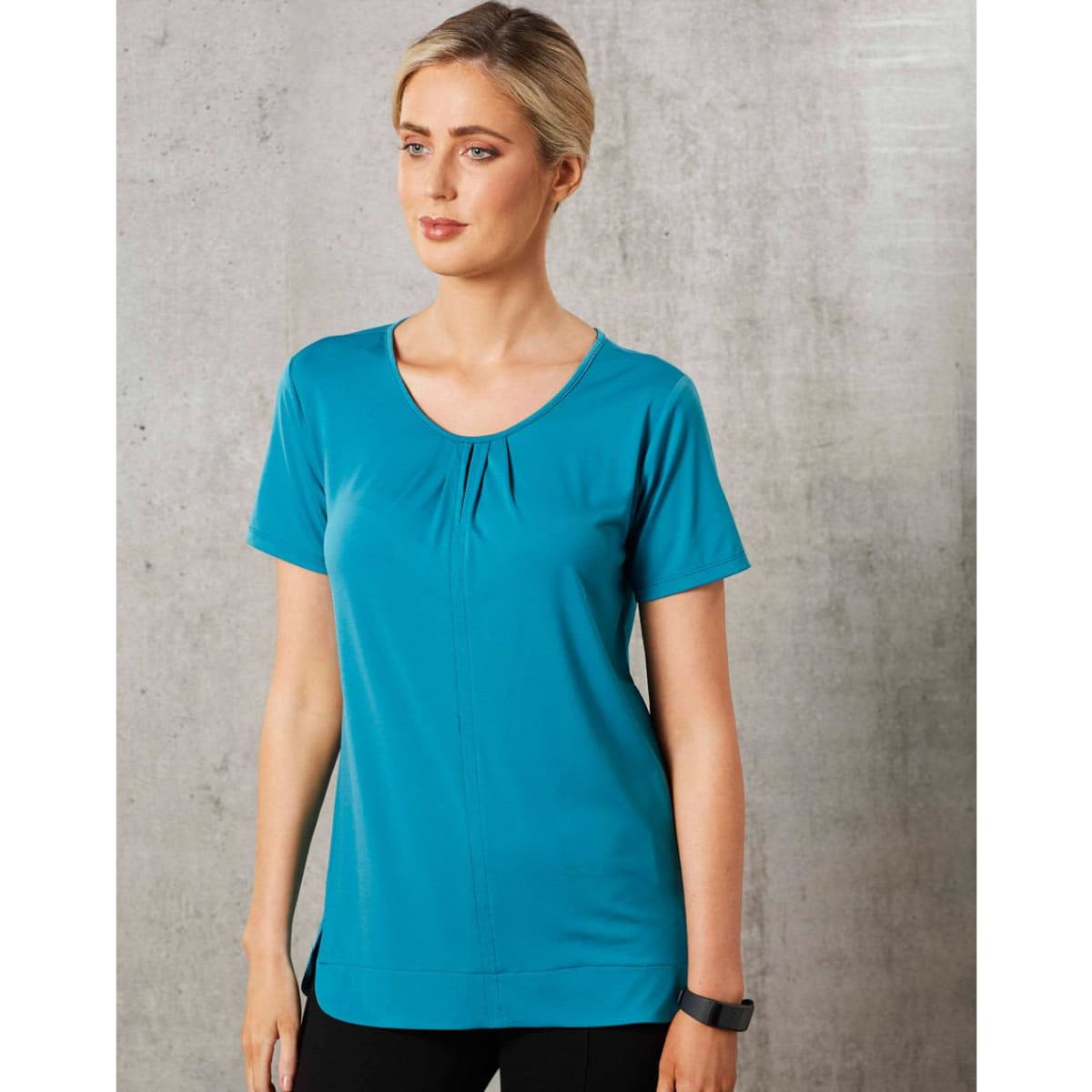 Ladies’ Round Neck with Pleats S/S Knit Top