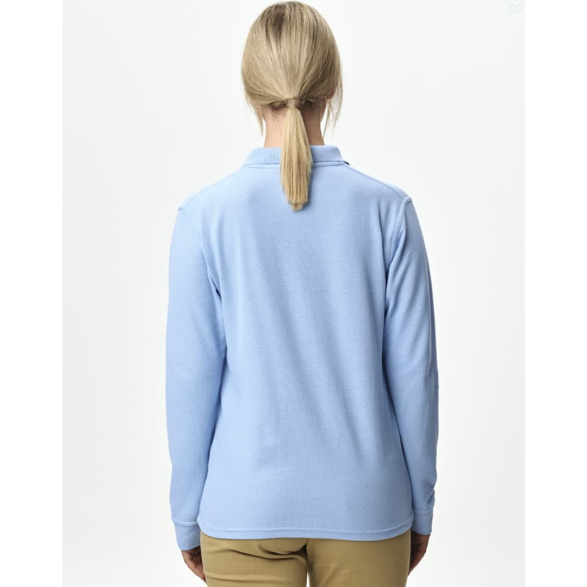 A light blue unisex long sleeve polo shirt featuring a collar and a logo on the back.