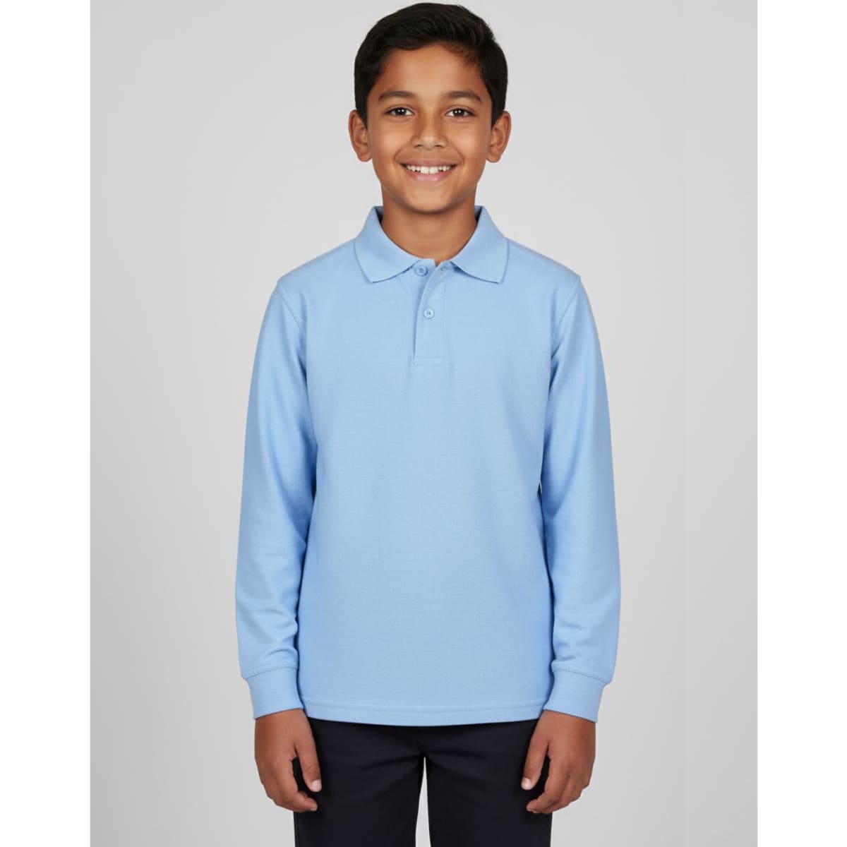 A red long sleeve polo shirt for kids, featuring a collar and a logo on the chest.