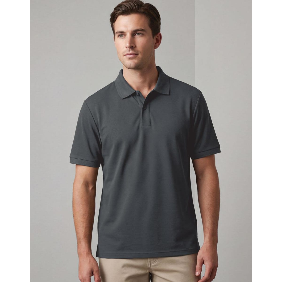 A men's short-sleeve polo shirt in dark grey, featuring a classic design and a logo on the chest.