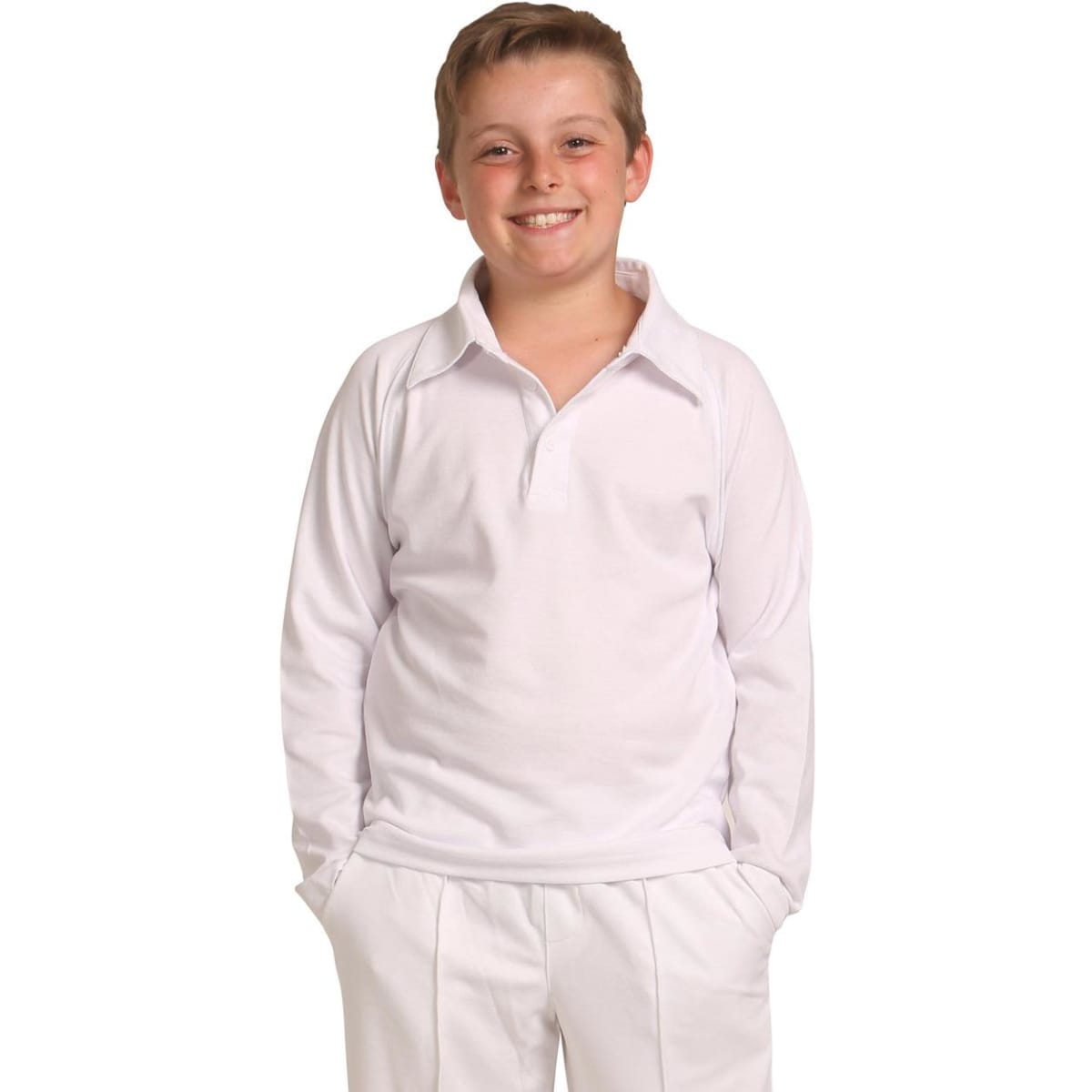 A child is wearing a long-sleeved white cricket polo shirt. The shirt features a collar and a playful fit.
