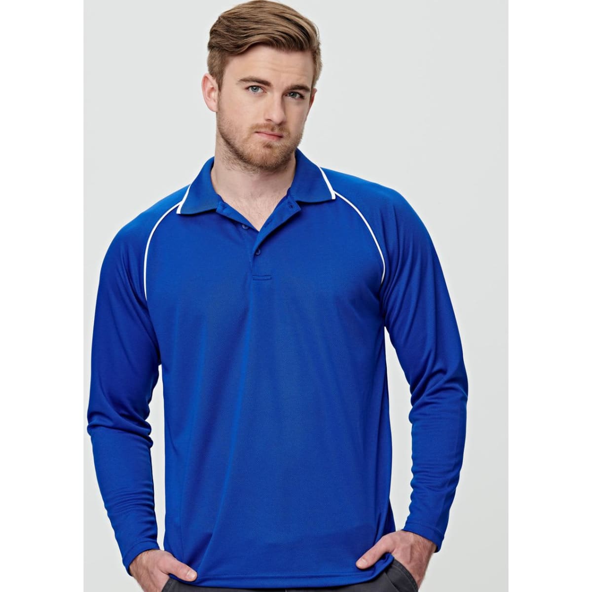 A men's long-sleeve polo shirt in blue with contrasting white detailing and a logo on the chest.