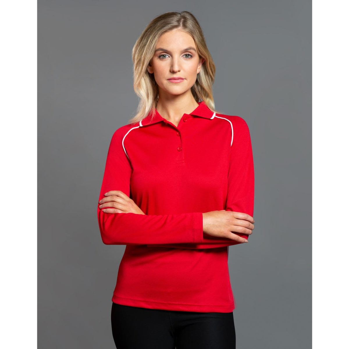 A red long-sleeve polo shirt with a white trim and a logo on the chest area.