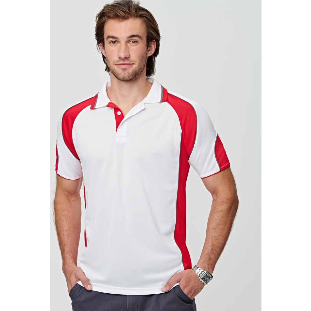 A men's polo shirt in white with red accents, featuring a collar and logo branding.