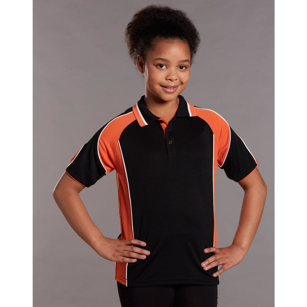 A black and orange polo shirt with a logo, featuring contrasting stripes on the sides and a buttoned collar.