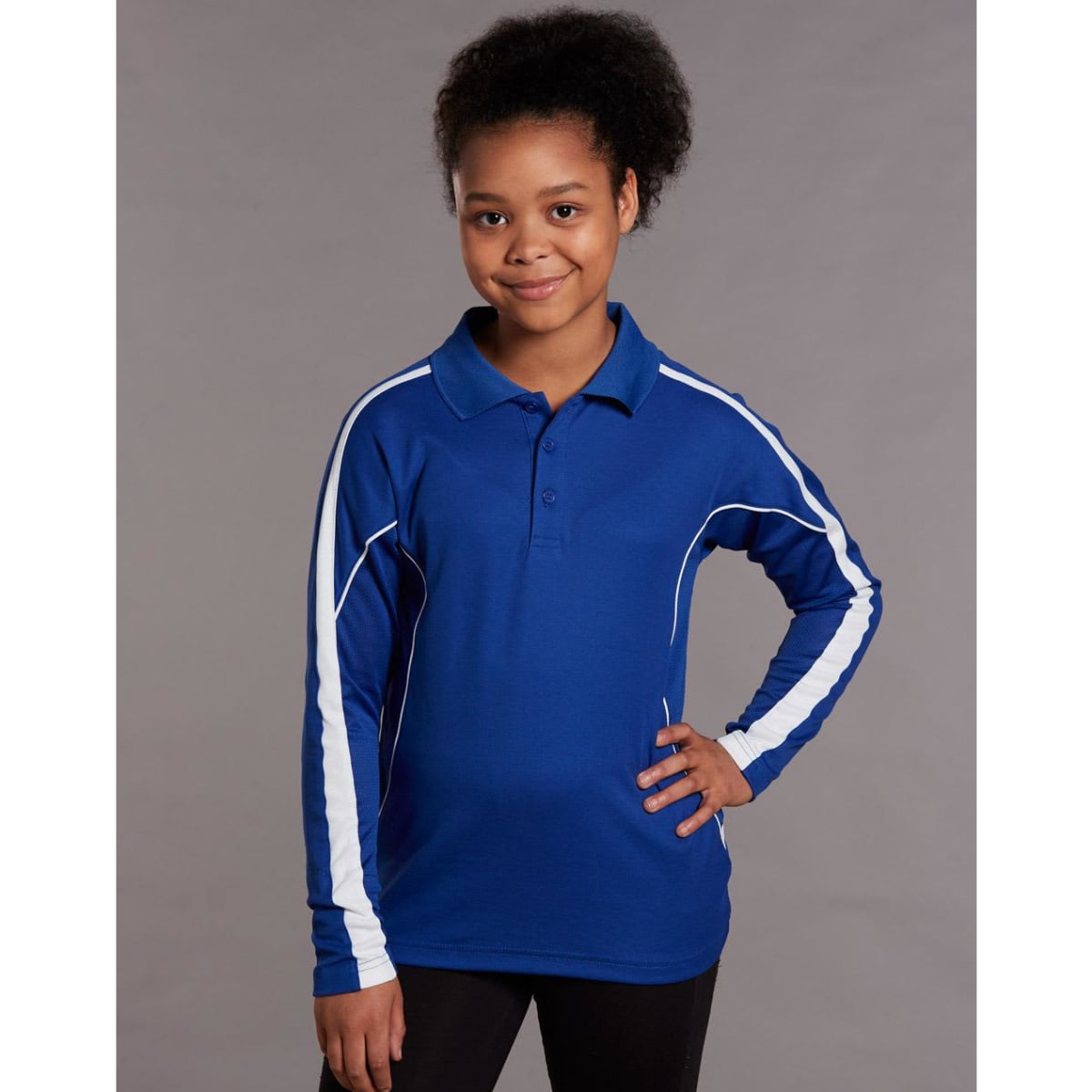A long sleeve polo shirt in blue with white accents, featuring a collar and buttons. The shirt has branding.