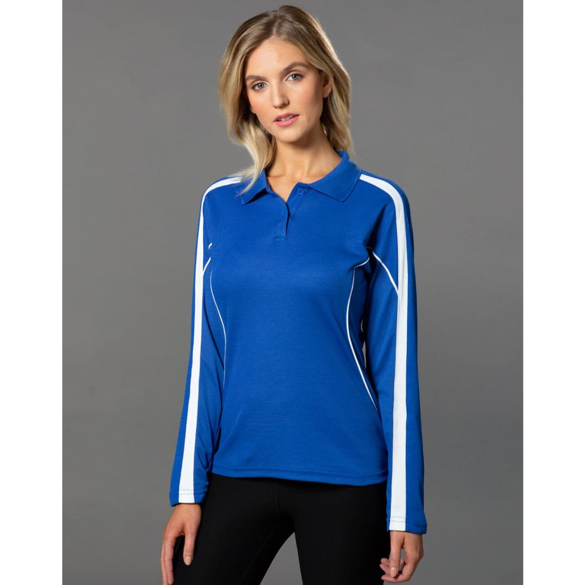 A long sleeve polo shirt in blue with white accents and a logo. Ideal for casual wear.