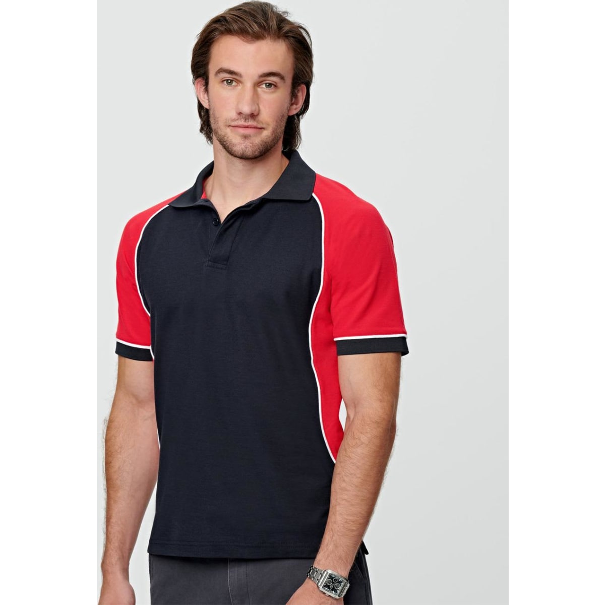 Men's TrueDry tri-colour short-sleeve polo shirt in black, red, and white with a logo.
