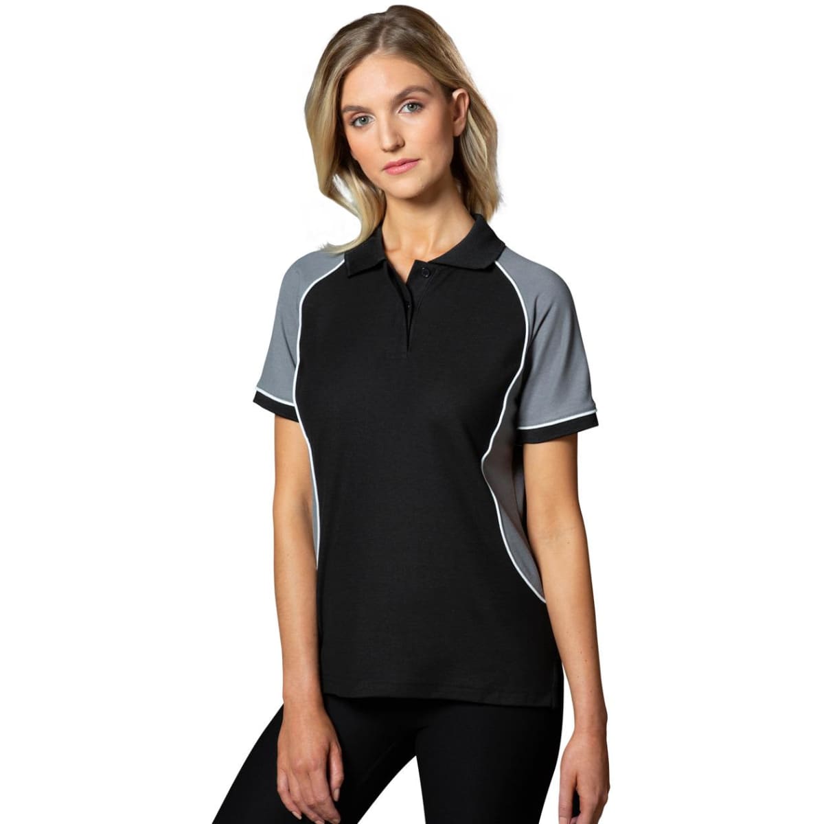 A black tri-colour polo shirt with grey and white accents, featuring a collar and short sleeves. It has a logo.