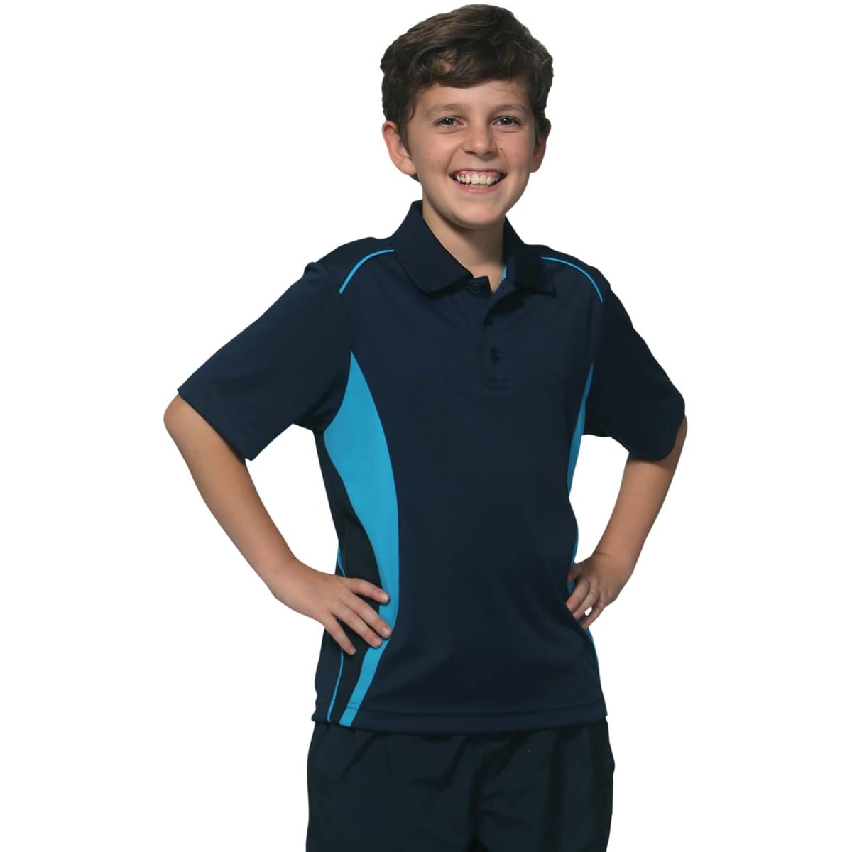 A navy blue polo shirt with contrasting aqua panels, featuring a collar and a logo.