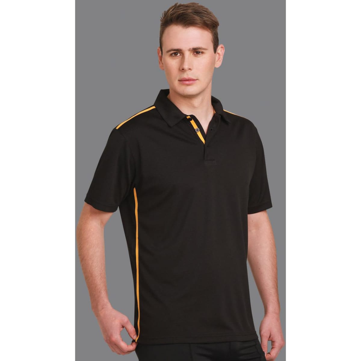 A short sleeve polo shirt in black with contrasting yellow stripes and a logo on the chest.