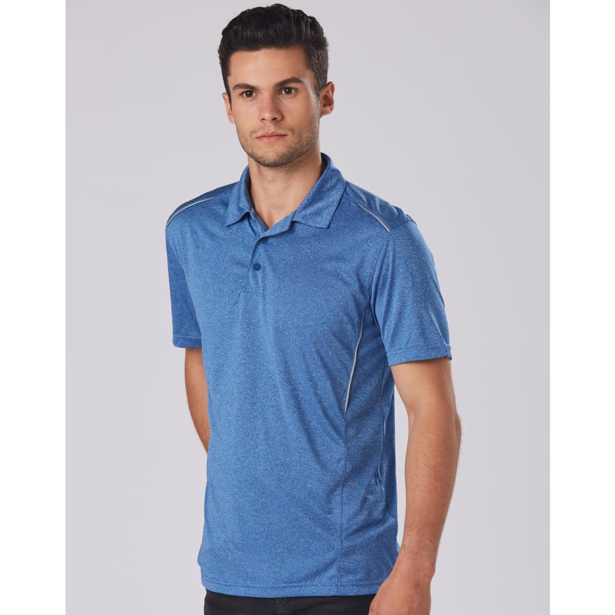A blue short sleeve polo shirt featuring a logo, with a sporty design and contrasting accents.