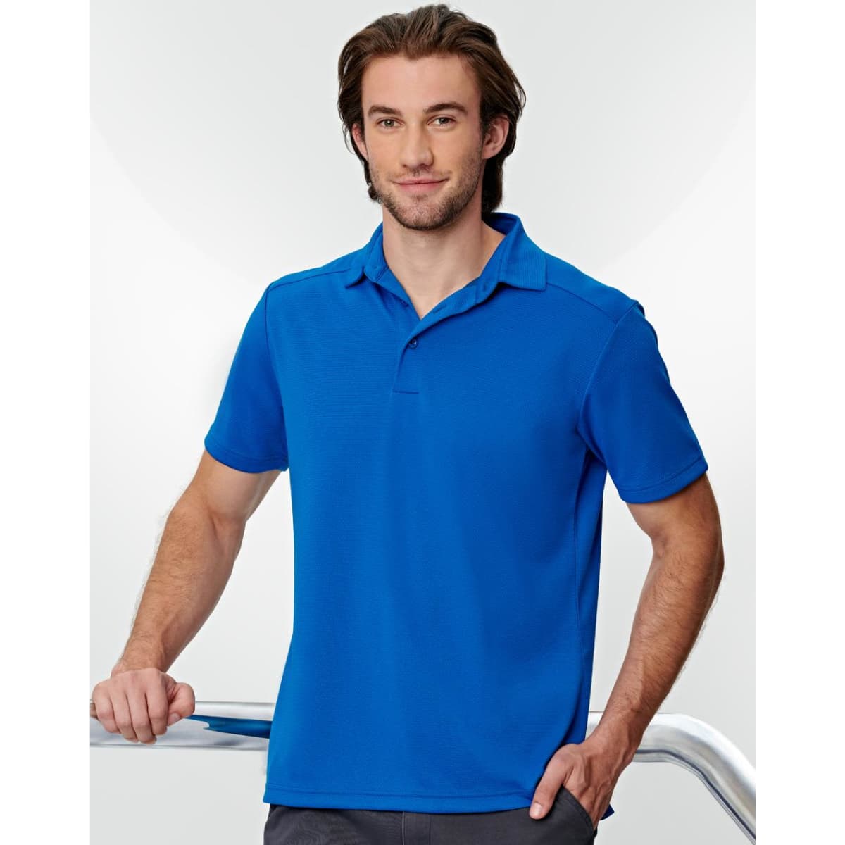 A blue men's polo shirt made from bamboo charcoal, featuring a collar and short sleeves. Includes a logo.