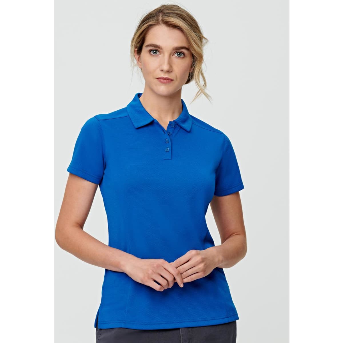 A blue ladies' polo shirt made from bamboo charcoal fabric, featuring a collar and a logo.