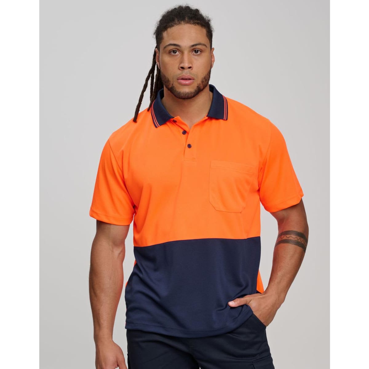 Hi-Vis cooldry safety polo shirts in bright yellow and navy, featuring a pocket and a logo, worn by two models.