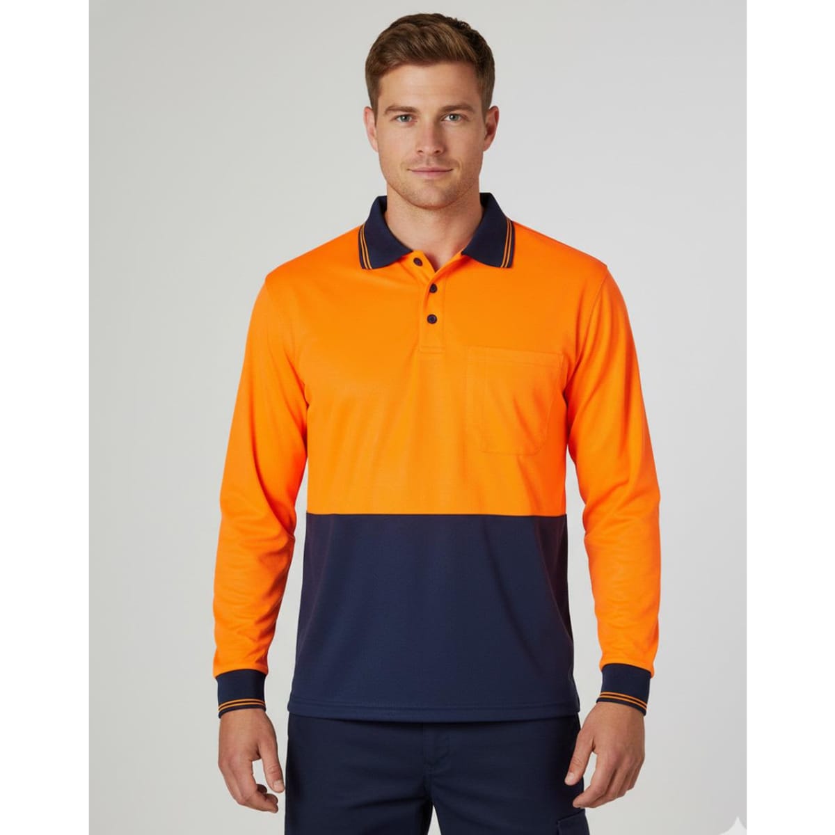 An orange and navy long-sleeve safety polo shirt featuring a pocket and a logo.