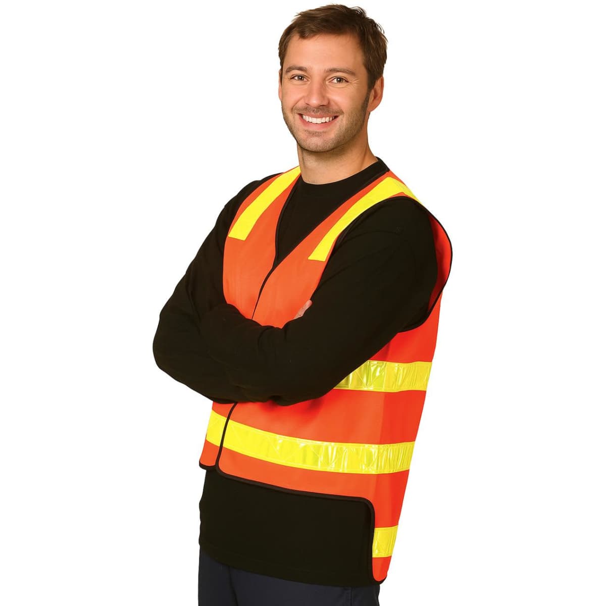 A high-visibility orange safety vest with reflective yellow stripes, worn by a smiling man.