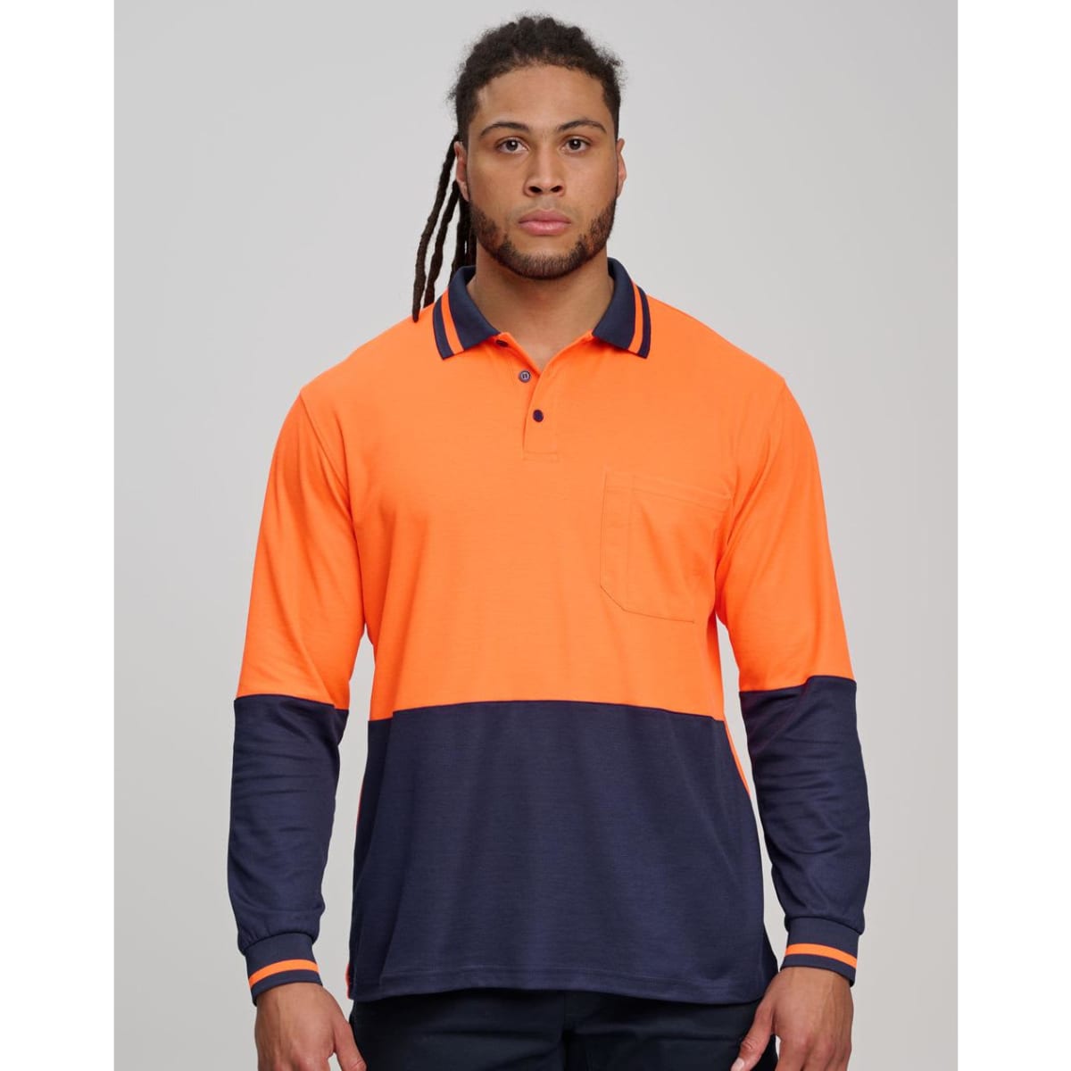 A long-sleeve safety polo shirt in bright yellow and navy blue, featuring a pocket and a logo.