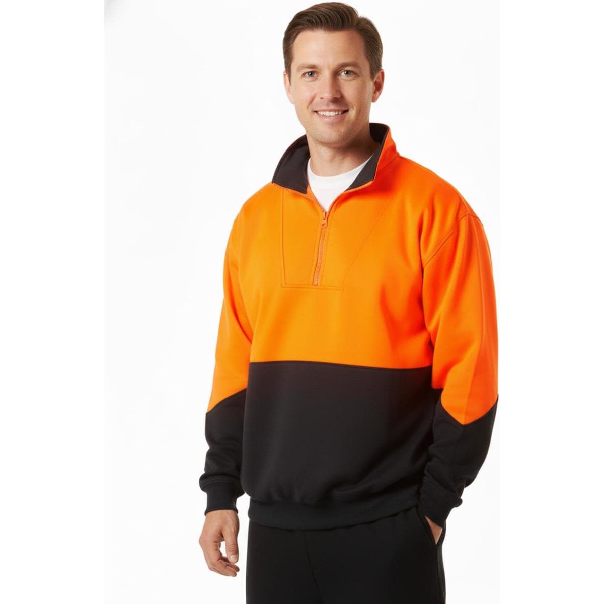 A high-visibility long-sleeve windcheater collar in orange and black, worn by a smiling man. The design includes a zip and a logo.