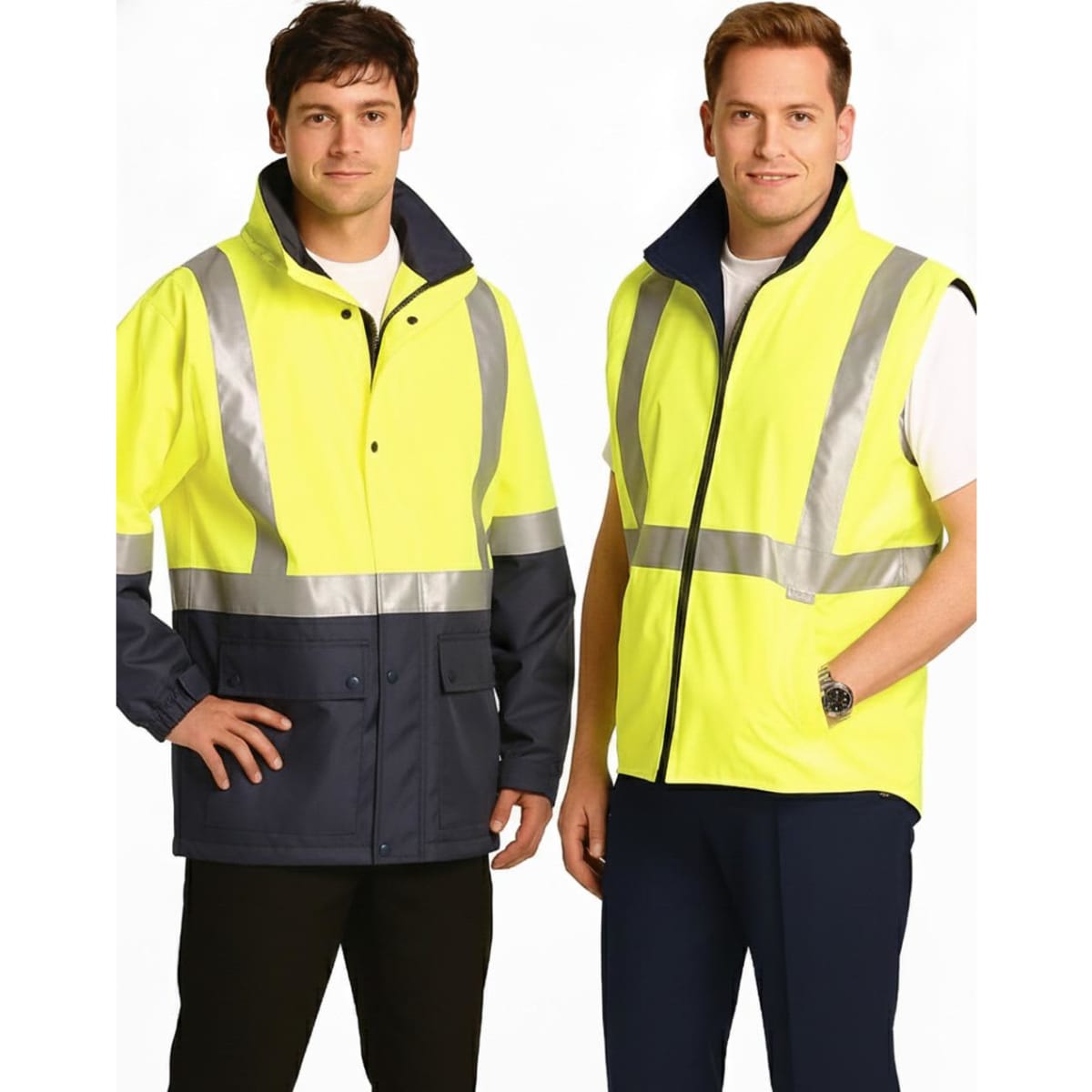 Hi-Vis three-in-one safety jacket in yellow and navy, featuring reflective 3M tapes, worn by two male models.