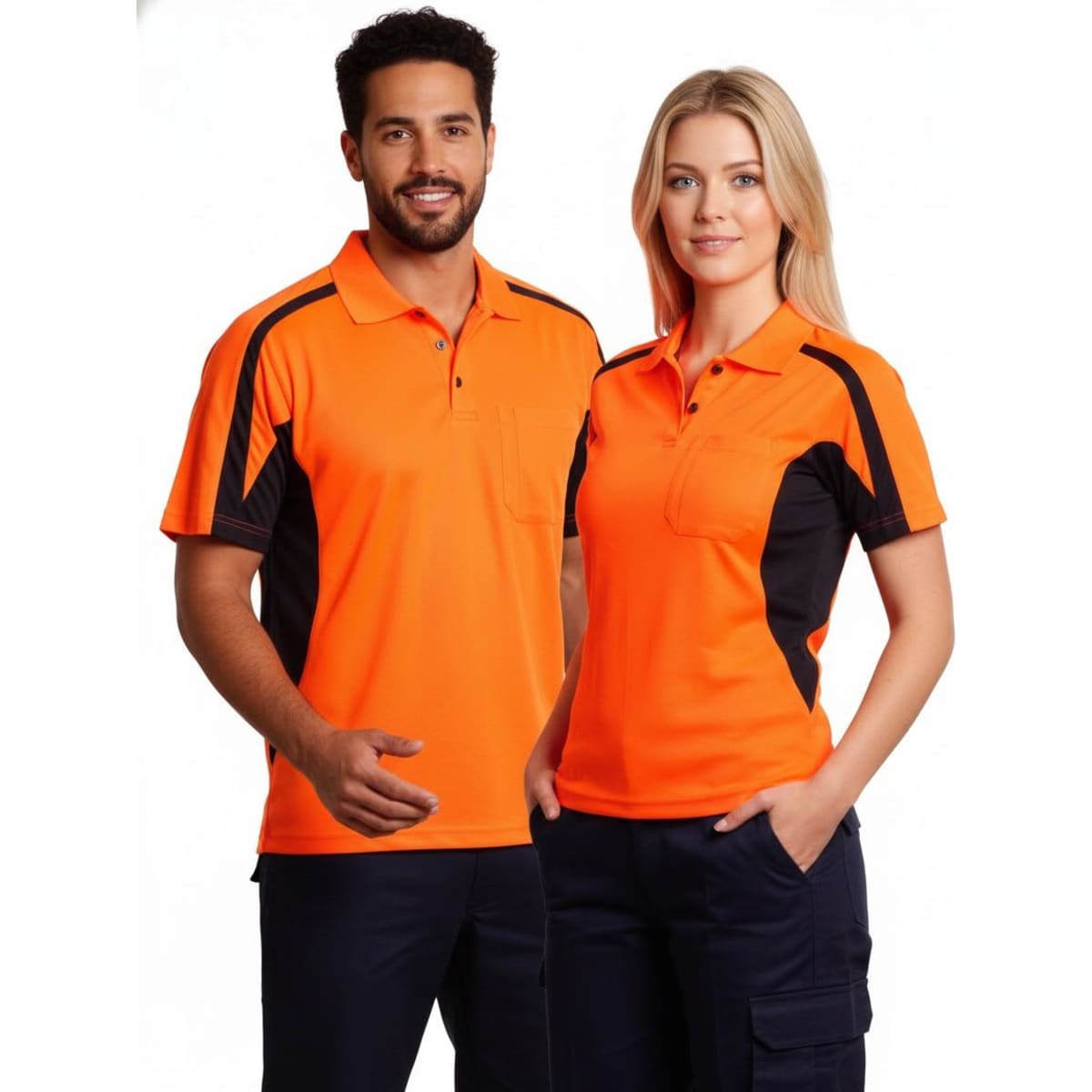 A men's and women's work polo shirt in bright orange with black detailing and a logo. Suitable for workwear.