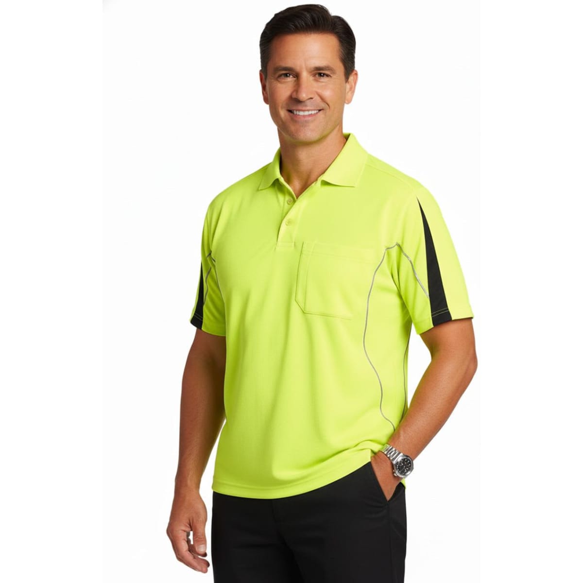 A bright yellow short-sleeve polo shirt with black accents and a pocket, featuring a logo.