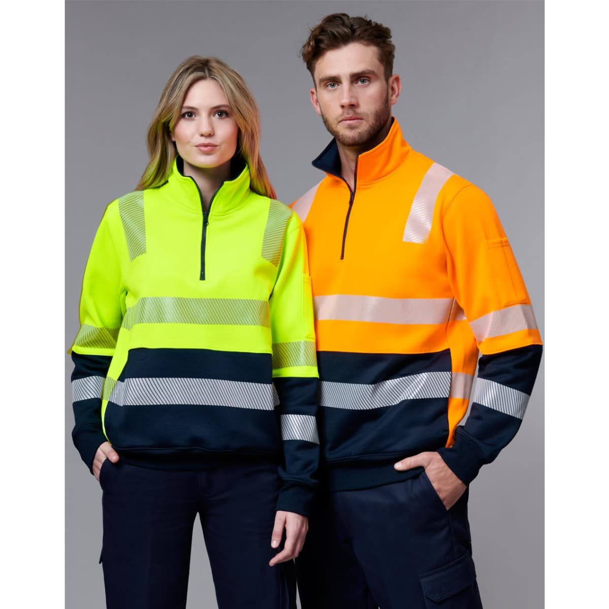 Biomotion VIC Rail Safety Jumper in hi-vis yellow and orange, featuring reflective stripes and a zip collar.