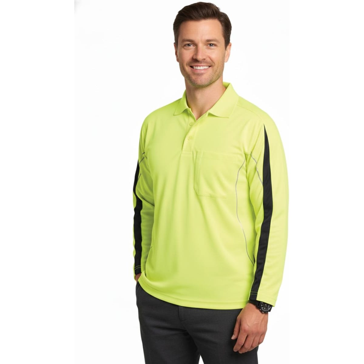 A men's long-sleeve high-visibility polo shirt in bright yellow with black accents and a logo.