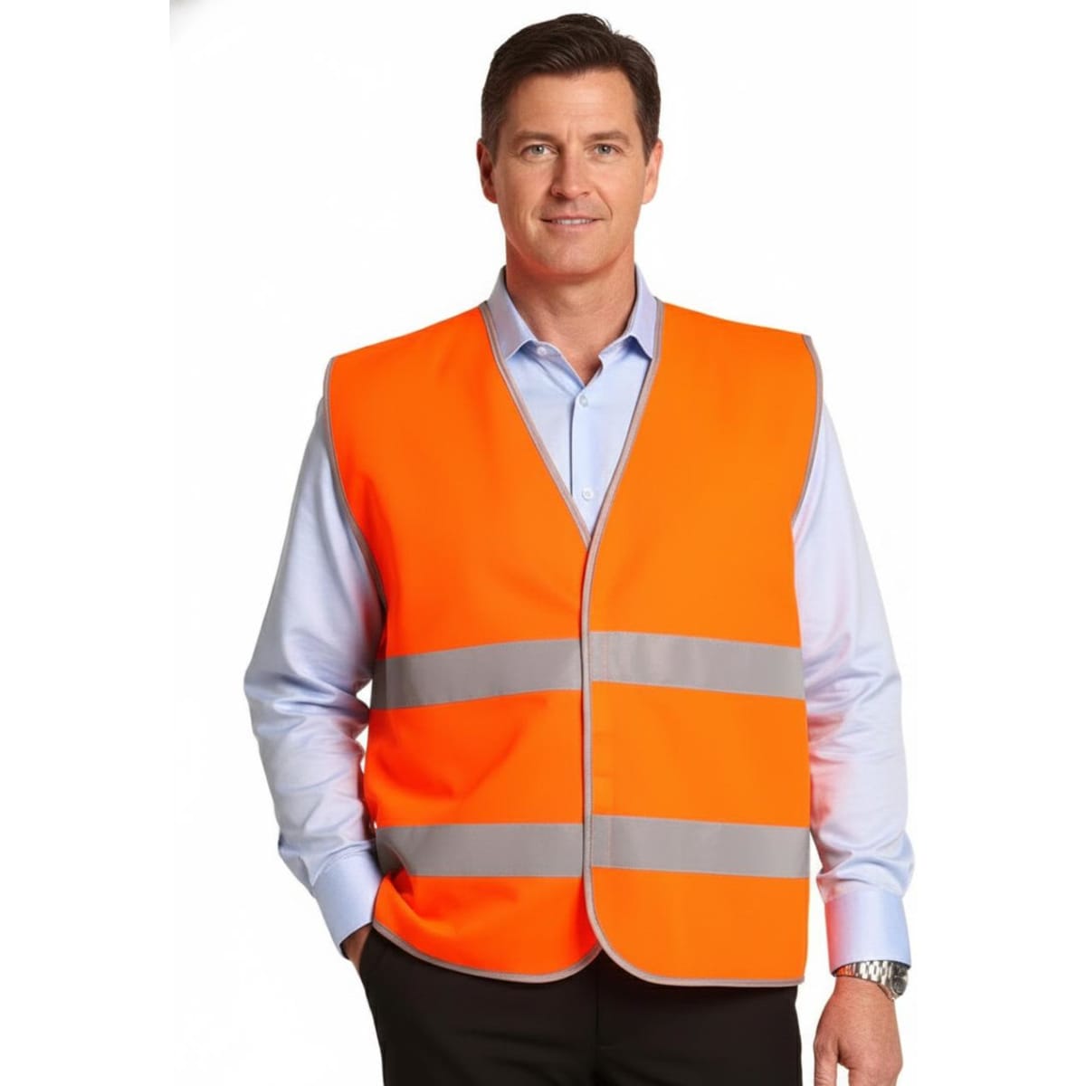 An orange hi-vis safety vest with reflective tapes worn over a light blue shirt and black trousers. It features a logo.