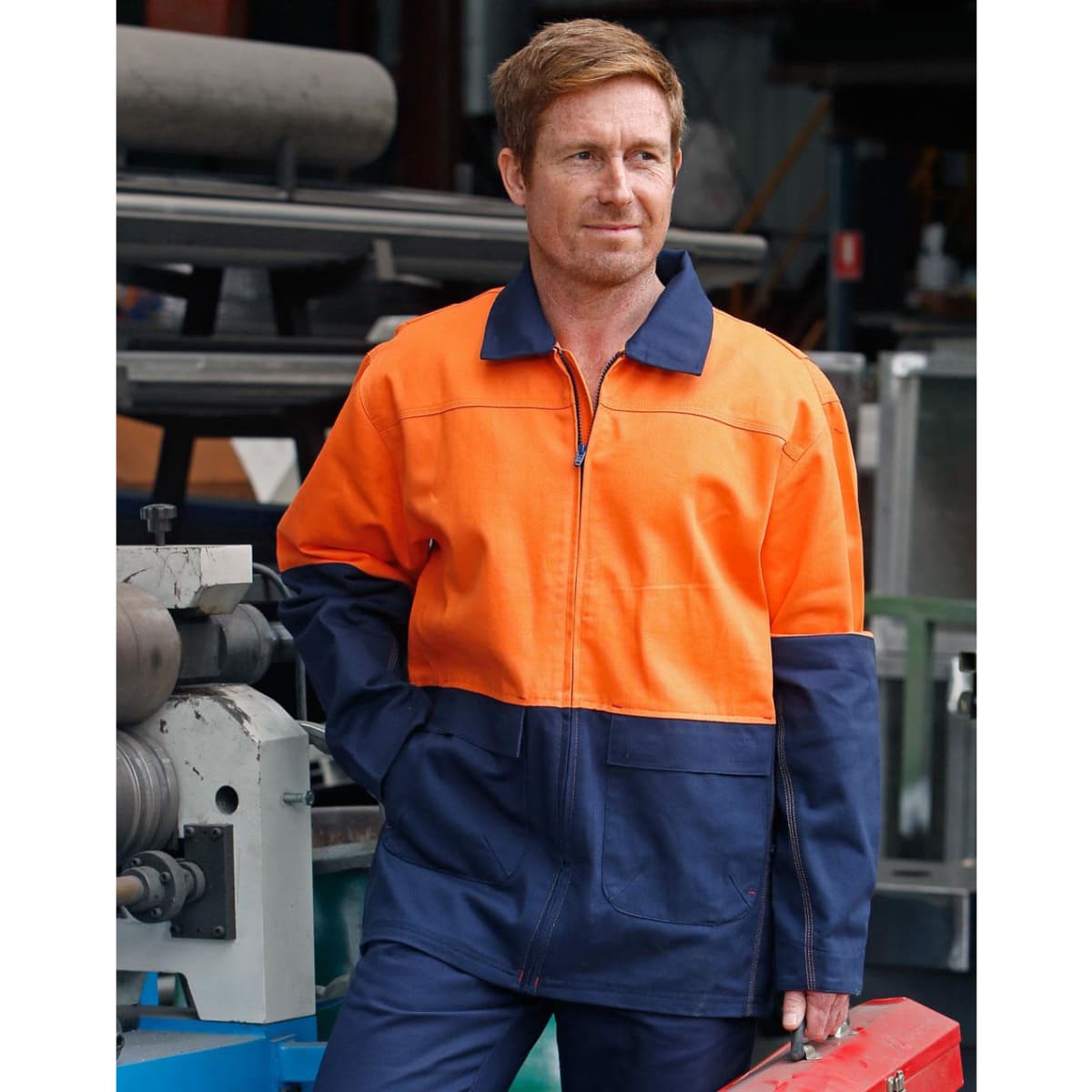 A Hi-Vis two-tone work jacket featuring bright orange and navy blue colours, with a logo on the front.