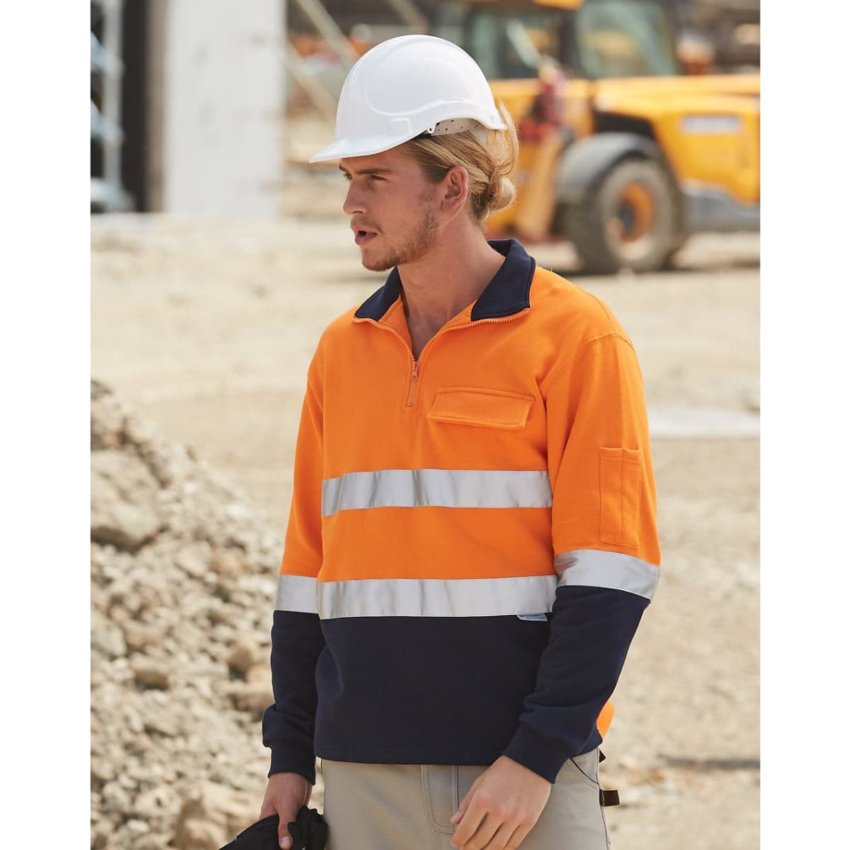 Hi-vis two-tone cotton fleecy sweat in orange and navy, featuring 3M reflective tapes and a chest pocket.