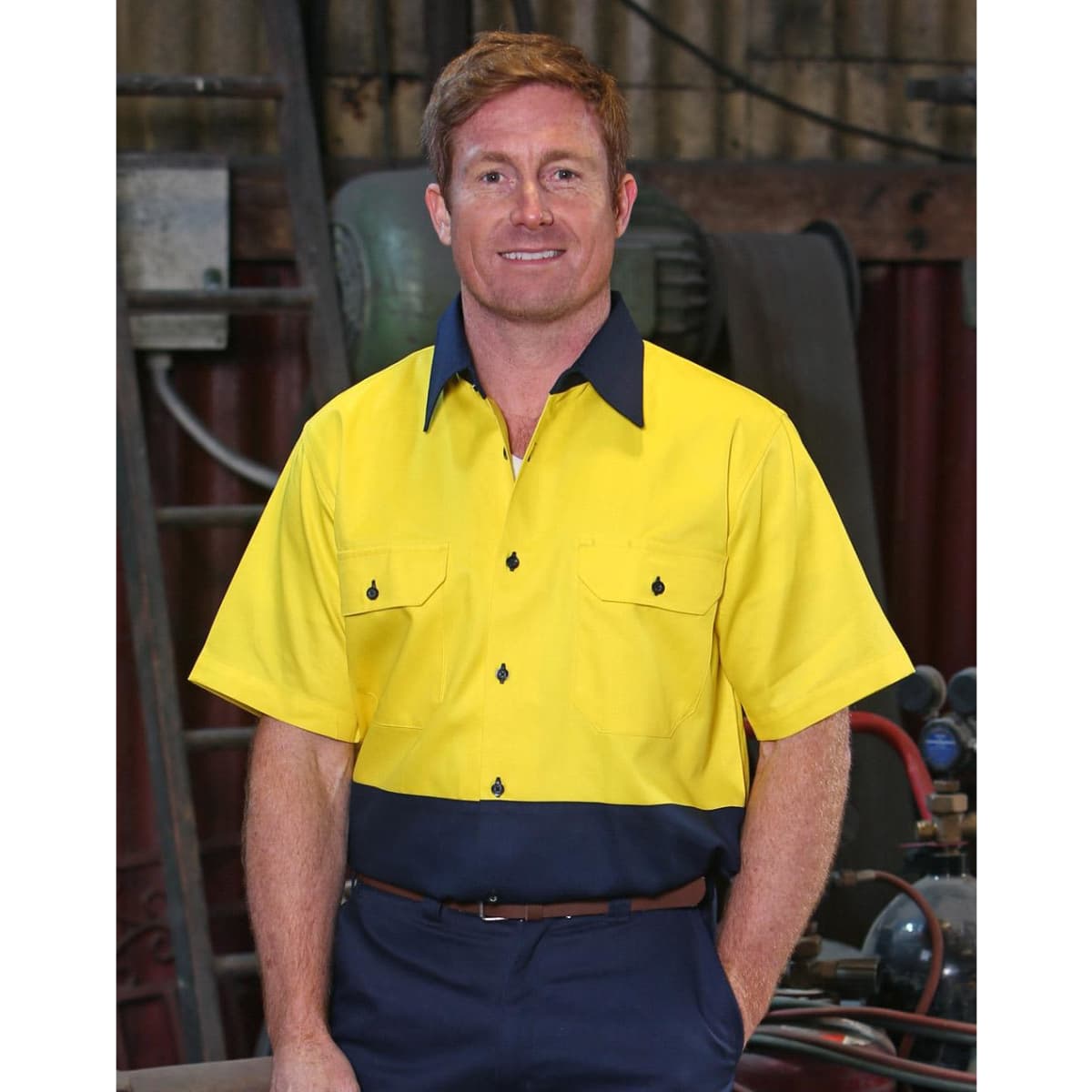 A short-sleeved Hi-Vis work shirt in yellow and navy with a logo and button details.