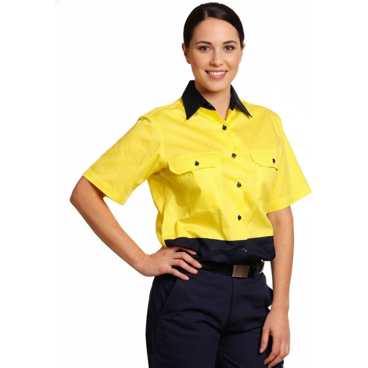 A women's short-sleeved safety shirt in bright yellow and navy blue, featuring a collar and small pockets.