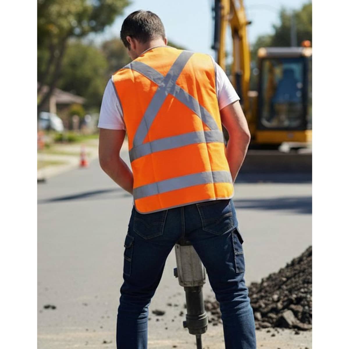 A safety vest in bright orange with reflective stripes, worn by a worker operating machinery on a construction site.