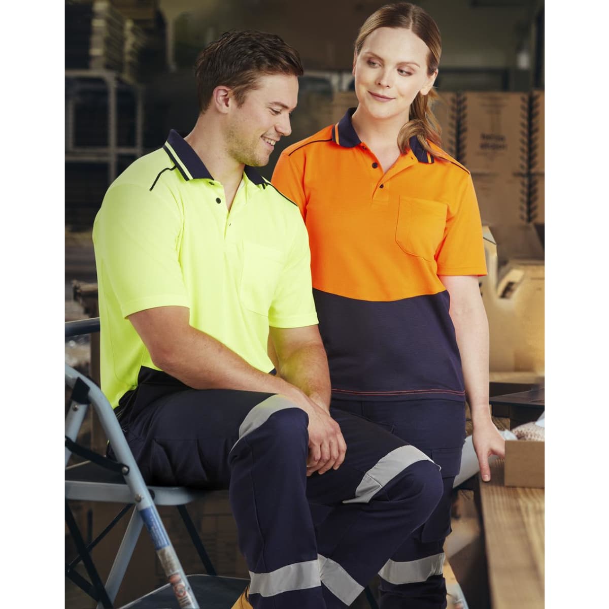 A unisex high-visibility bamboo charcoal short-sleeve polo in fluorescent yellow and orange, featuring a pocket.