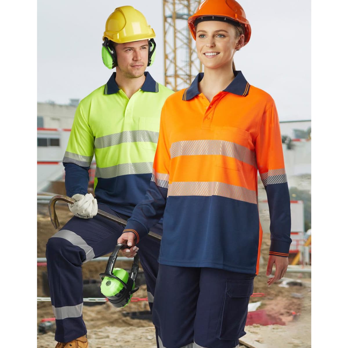 Unisex Cooldry segmented safety long-sleeve polo shirt in high-visibility orange and yellow, featuring reflective stripes.