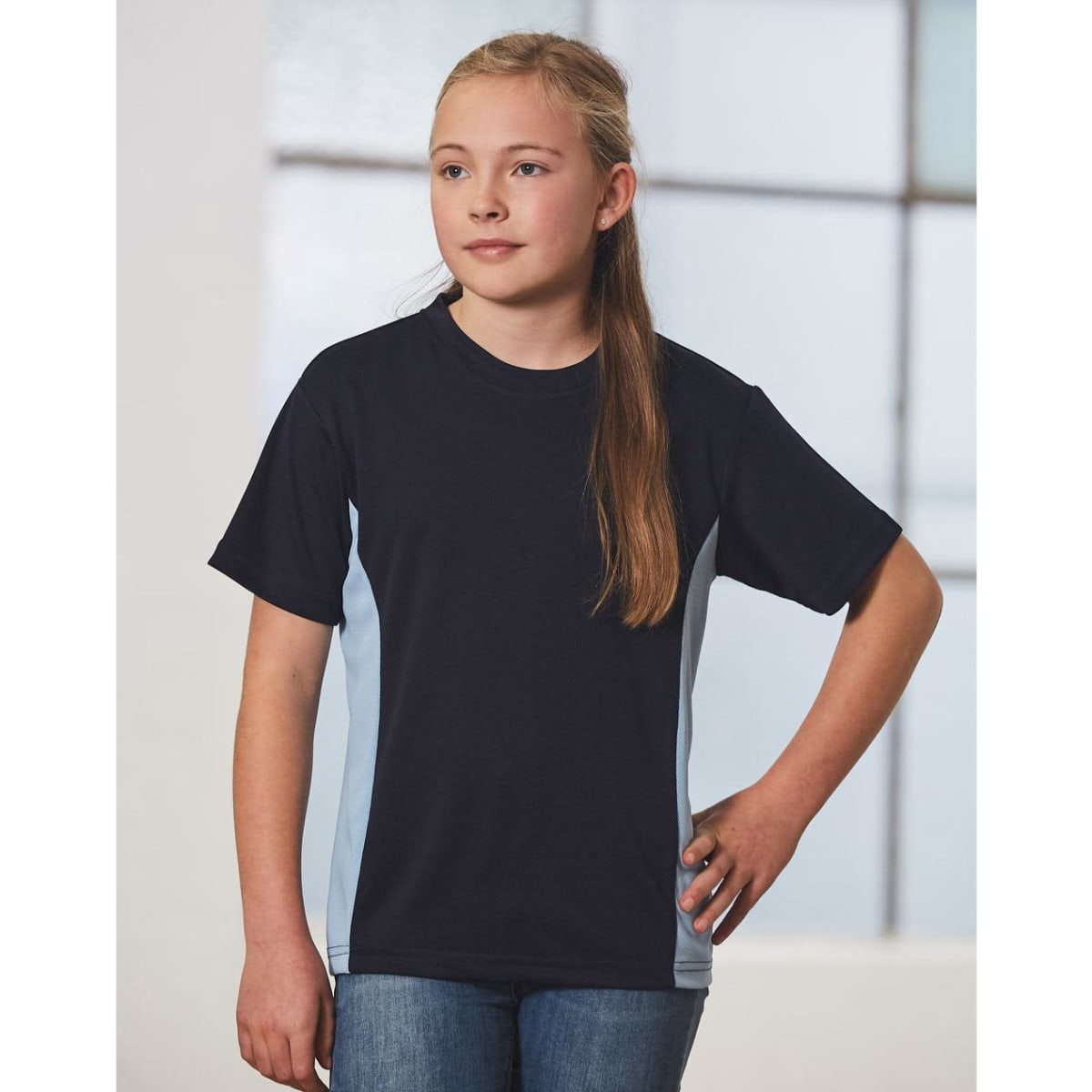 A kids' short-sleeve contrast tee in navy blue and light blue, featuring a logo on the front.