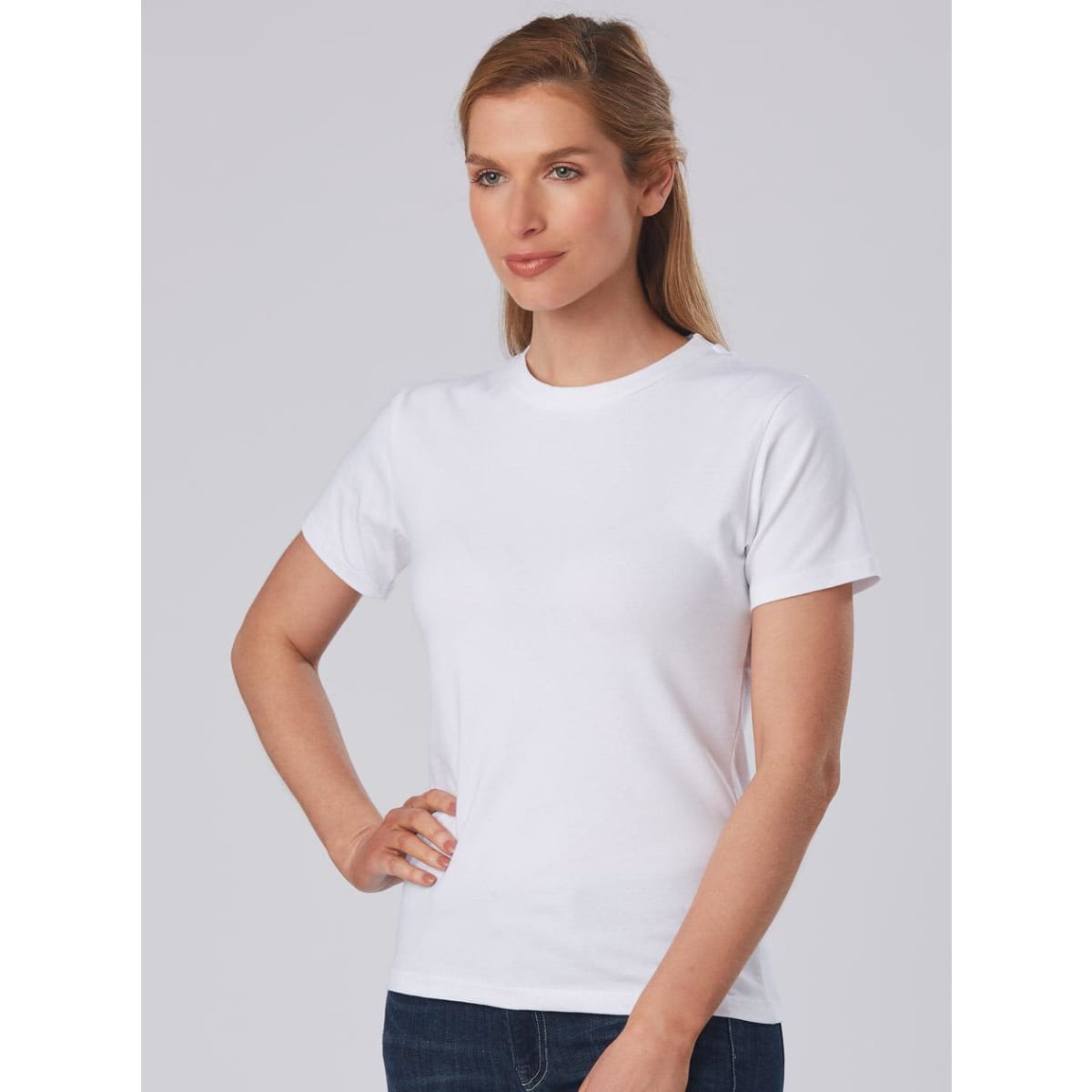 A white ladies' fitted stretch tee with a classic crew neckline, featuring a logo on the front.