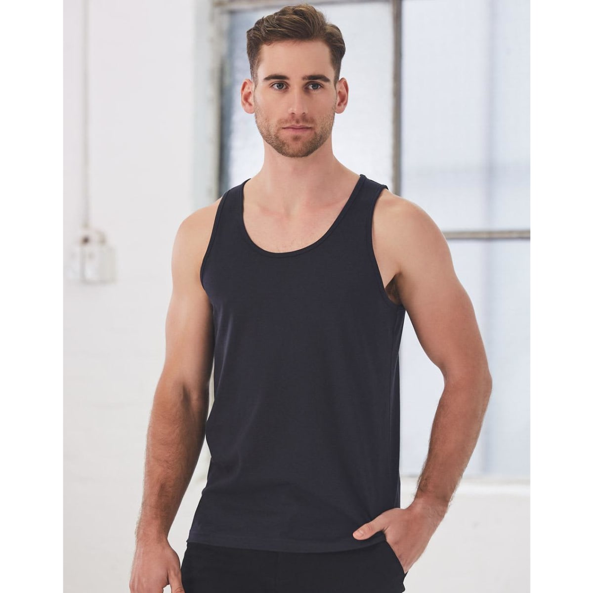 A men's cotton singlet in navy, featuring a simple design and a logo on the front.