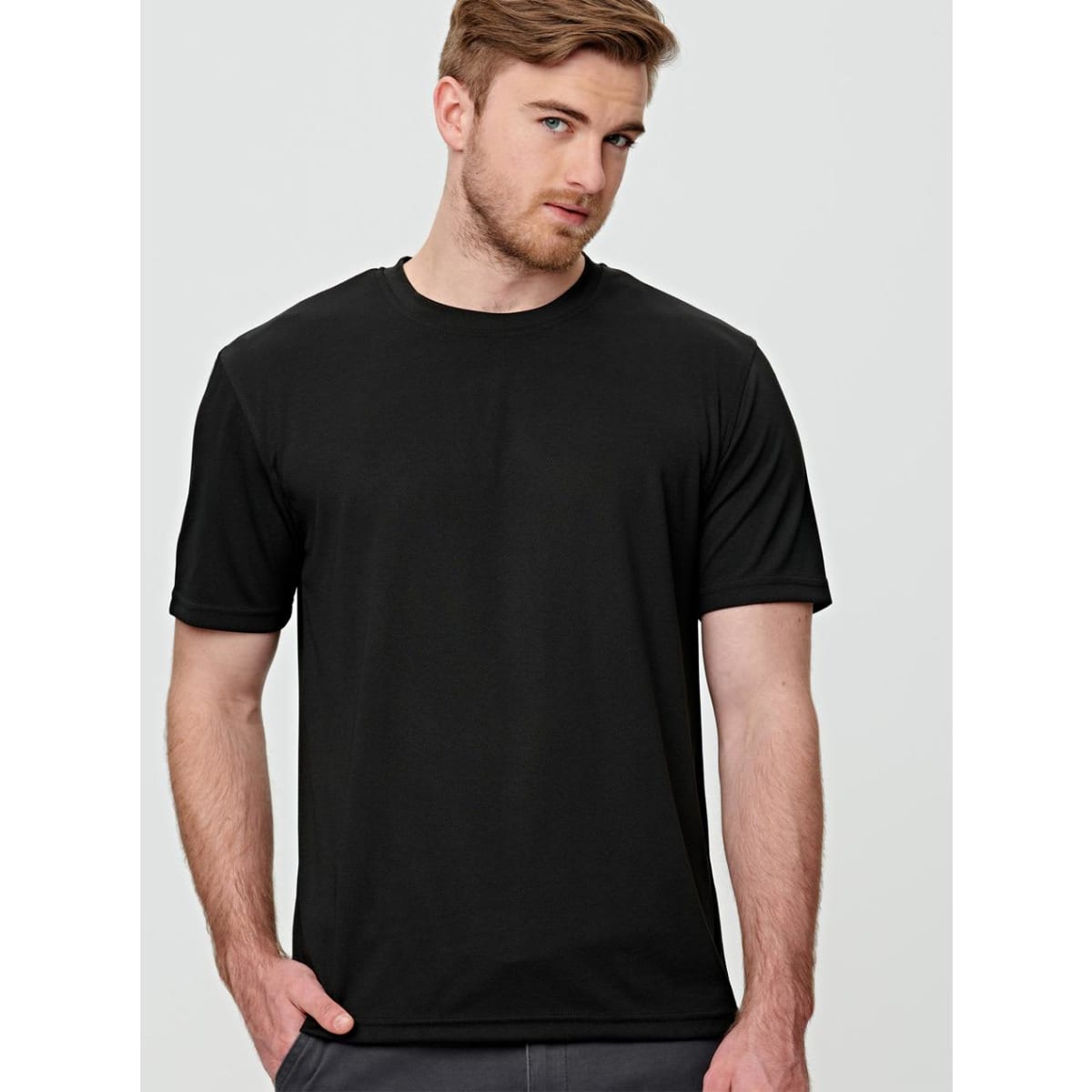 A black short sleeve tee for men, featuring a simple design and a logo on one side.