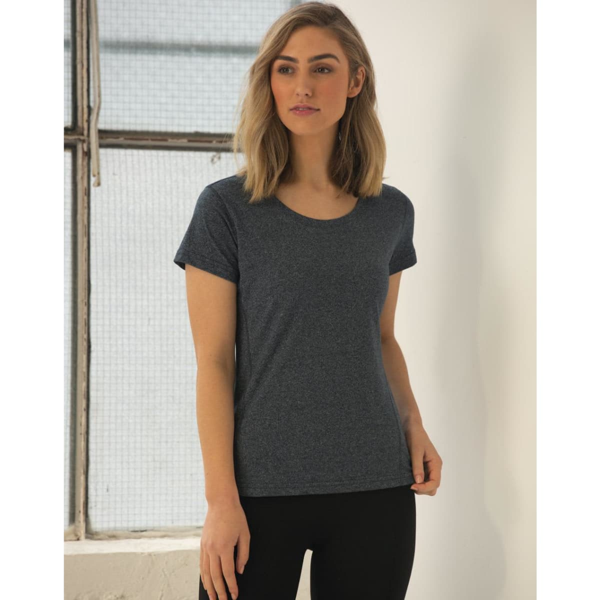 A fitted ladies' short-sleeve tee in cool heather grey, featuring a simple design and a rounded neckline.